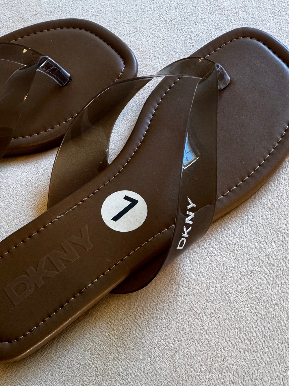 DKNY Brown Square-Toe Flip Flop Sandals with Translucent Jelly Straps